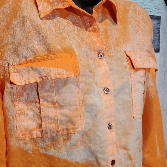 Chaus Sport Orange Tie-Dye Bleached Button Up Linen Blend Blouse Sz Med M - Picture 3 of 8